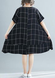 Loose black plaid Cotton clothes plus size Tutorials low high design tunic summer Dress - SooLinen