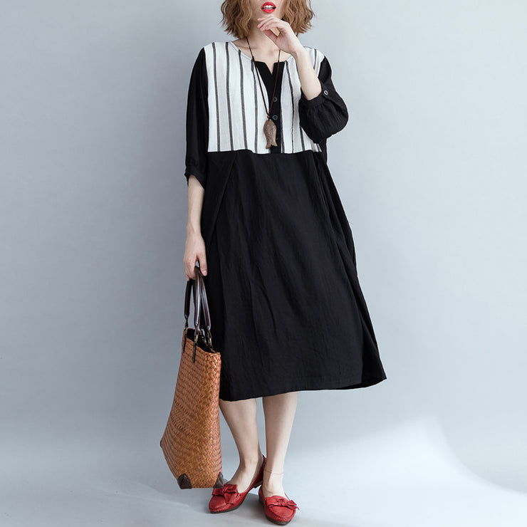 Lose schwarz gestreifte Baumwollkleidung Damenmode Outfits Patchwork Plus Size Kleid
