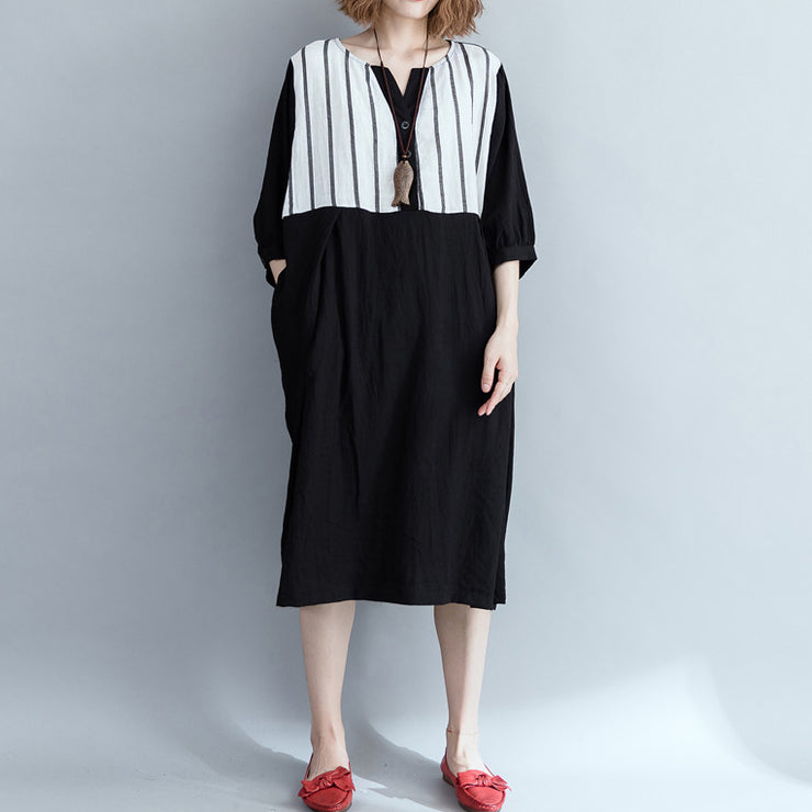Lose schwarz gestreifte Baumwollkleidung Damenmode Outfits Patchwork Plus Size Kleid