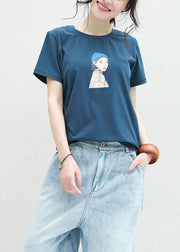 Loose blue o neck cotton clothes For Women Neckline Cartoon print blouses summer - SooLinen