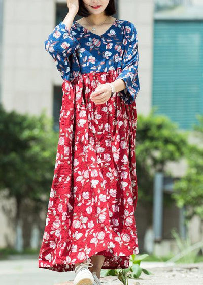 Loose blue red print cotton tunic pattern v neck asymmetric Maxi summer Dresses - SooLinen