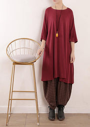 Loose burgundy Silk quilting dresses o neck Art summer Dress - SooLinen