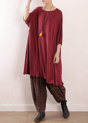 Loose burgundy Silk quilting dresses o neck Art summer Dress - SooLinen