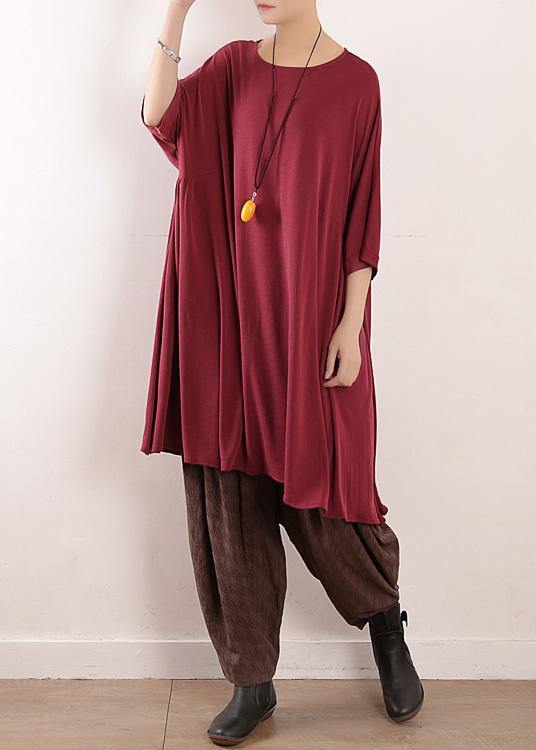 Loose burgundy Silk quilting dresses o neck Art summer Dress - SooLinen