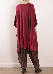 Loose burgundy Silk quilting dresses o neck Art summer Dress - SooLinen