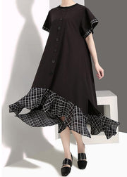 Loose cotton quilting clothes plus size Plaid Splided Loose Flare Sleeve Dress - SooLinen