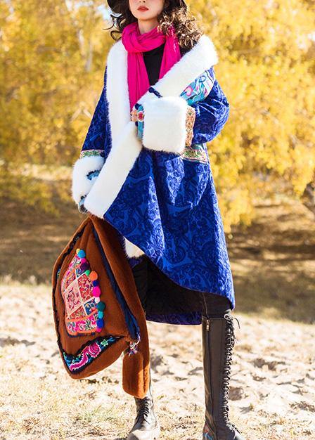 Loose faux fur collar fine embroidery outfit blue Dresses outwears - SooLinen
