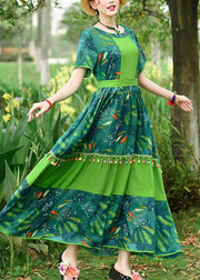 Loose green print cotton Tunics o neck patchwork tassel Art summer Dresses - SooLinen