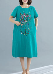 Loose green prints Cotton dresses Women pattern o neck Plus Size summer Dresses - SooLinen