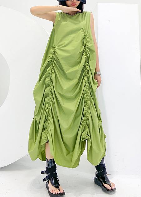 Loose green Cinched cotton dresses o neck sleeveless Maxi Dresses - SooLinen