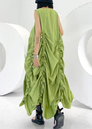 Loose green Cinched cotton dresses o neck sleeveless Maxi Dresses - SooLinen