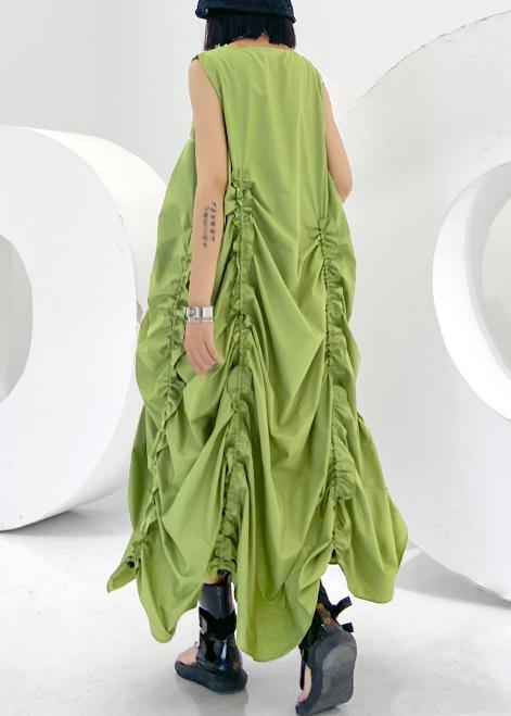 Loose green Cinched cotton dresses o neck sleeveless Maxi Dresses - SooLinen