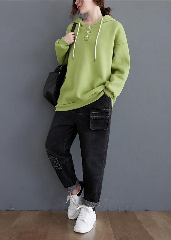 Loose hooded drawstring fall tunics for women Fabrics green top - SooLinen