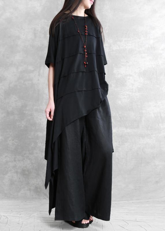 Loose irregular black two-piece personality tops wide-leg pants - SooLinen