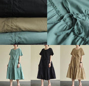 Loose khaki cotton Tunics o neck drawstring Traveling summer Dress - SooLinen