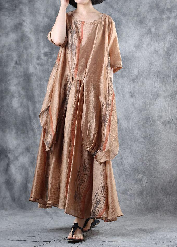 Loose khaki linen clothes For Women half sleeve Robe summer Dresses - SooLinen