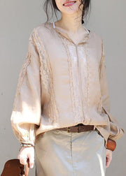 Loose khaki linen clothes lace patchwork loose v neck tops - SooLinen