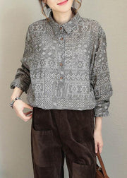 Loose lapel collar cotton linen clothes For Women gray prints tunic shirts long sleeve - SooLinen