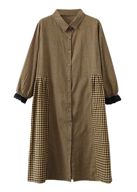 Loose lapel patchwork cotton Dresses Wardrobes Tunic Tops yellow plaid Dress - SooLinen