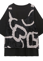 Loose large size black short sleeve + mesh vest two-piece blouse women - SooLinen