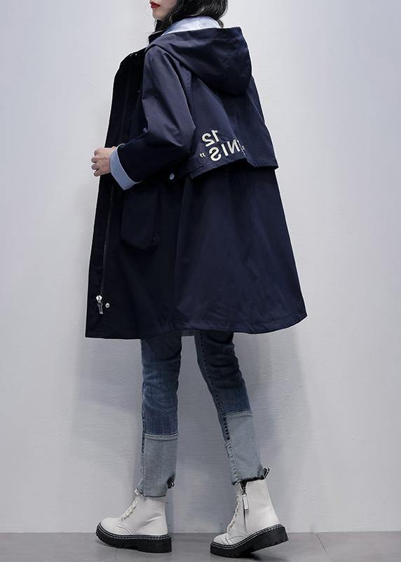 Loose navy Plus Size outfit pattern hooded Letter outwears - SooLinen