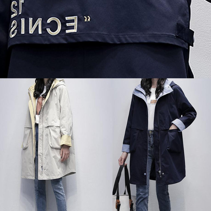 Loose navy Plus Size outfit pattern hooded Letter outwears - SooLinen