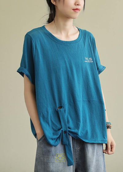 Loose o neck Letter cotton tunics for women Tunic Tops blue blouse - SooLinen