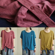 Loose o neck Letter cotton tunics for women Tunic Tops blue blouse - SooLinen