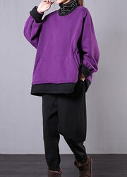 Loose o neck pockets cotton clothes For Women Inspiration purple shirts - SooLinen