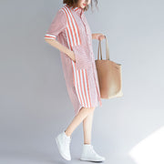 Loose pink striped Cotton quilting clothes Fun Photography side open Knee patchwork Dress