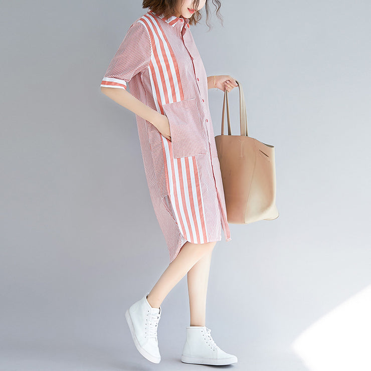 Loose pink striped Cotton quilting clothes Fun Photography side open Knee patchwork Dress