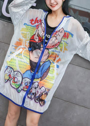 Loose prints blended sunscreen tops women Wardrobes white hooded top summer - SooLinen