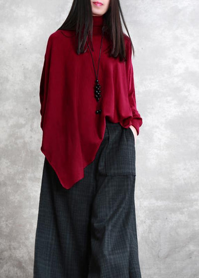 Loose red tops asymmetric hem oversized high neck blouse - SooLinen