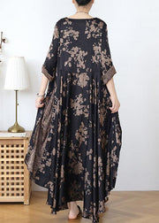 Loose silk satin wind dress black coffee color printing fashion fake two-piece goddess Fan big swing skirt - SooLinen