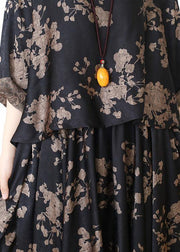 Loose silk satin wind dress black coffee color printing fashion fake two-piece goddess Fan big swing skirt - SooLinen
