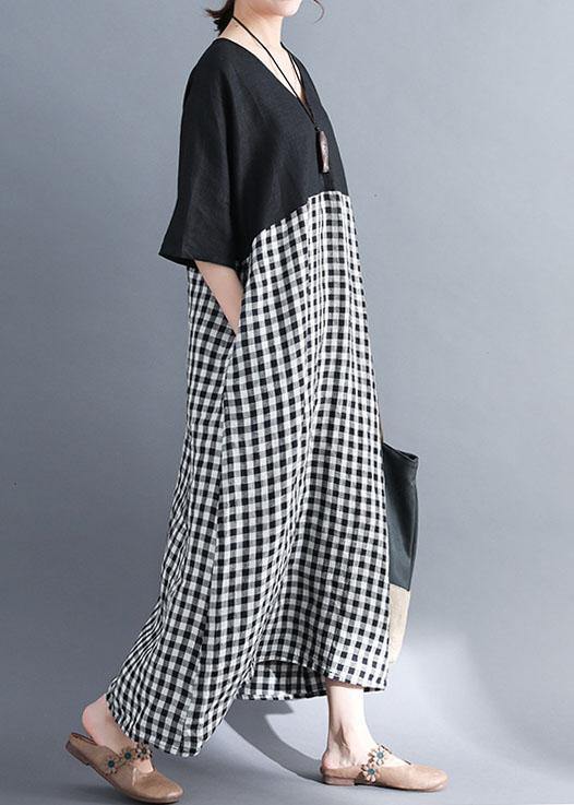 Loose v neck cotton clothes Women Shirts black patchwork Maxi Dresses summer - SooLinen