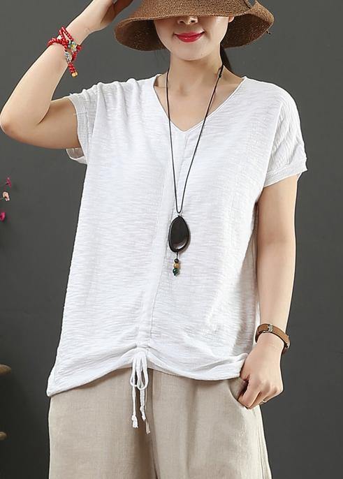 Loose white cotton tunic v neck drawstring Plus Size Clothing tops - SooLinen