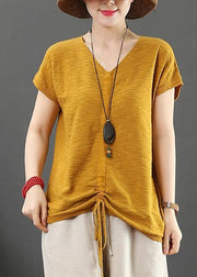 Loose white cotton tunic v neck drawstring Plus Size Clothing tops - SooLinen