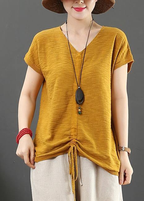 Loose white cotton tunic v neck drawstring Plus Size Clothing tops - SooLinen