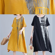 Loose yellow print cotton outfit o neck pockets long summer Dresses - SooLinen