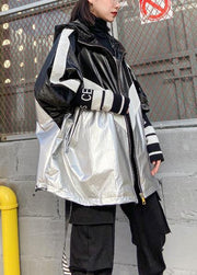 Loose zippered fine trench coat black patchwork silver silhouette jackets - SooLinen