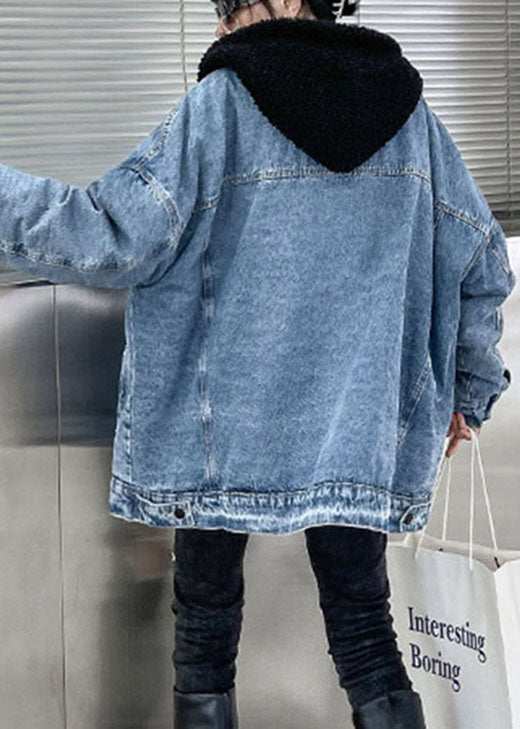 Luxus-Denim-Blau-Taschen-Patchwork-dicke Winterjacke