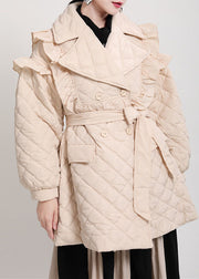 Luxury Khaki Pockets Button Ruffled tie waist Winter Cotton parka Long sleeve