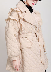 Luxury Khaki Pockets Button Ruffled tie waist Winter Cotton parka Long sleeve