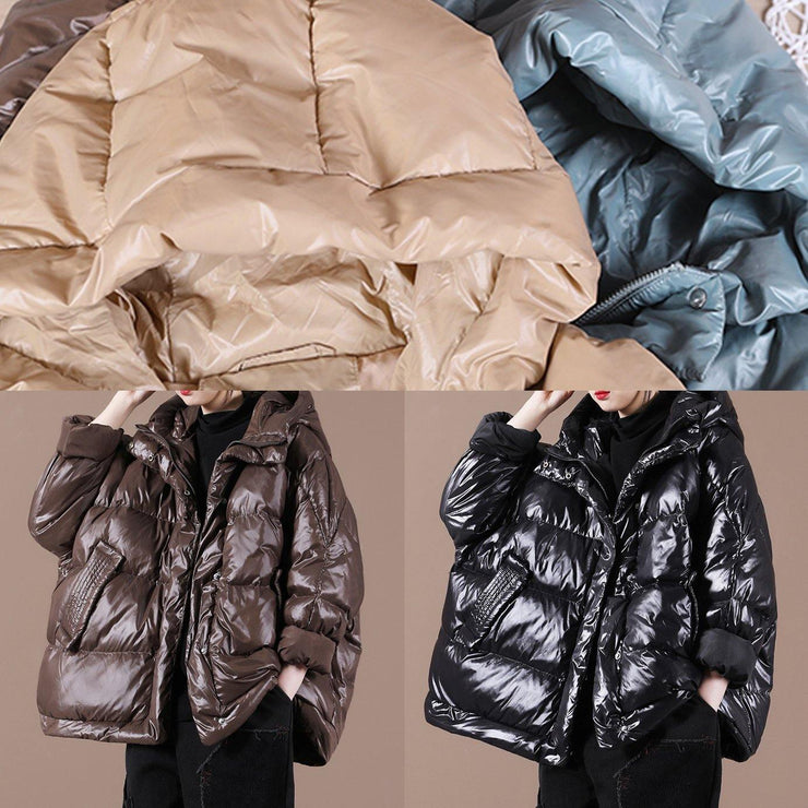 Luxury Black Down Coat Winter Loose-fitting Down Jacket Hooded Zippered Warm Coats - SooLinen