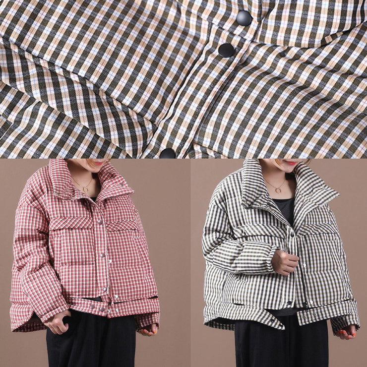 Luxury black plaid duck down coat trendy plus size stand collar Luxury overcoat - SooLinen