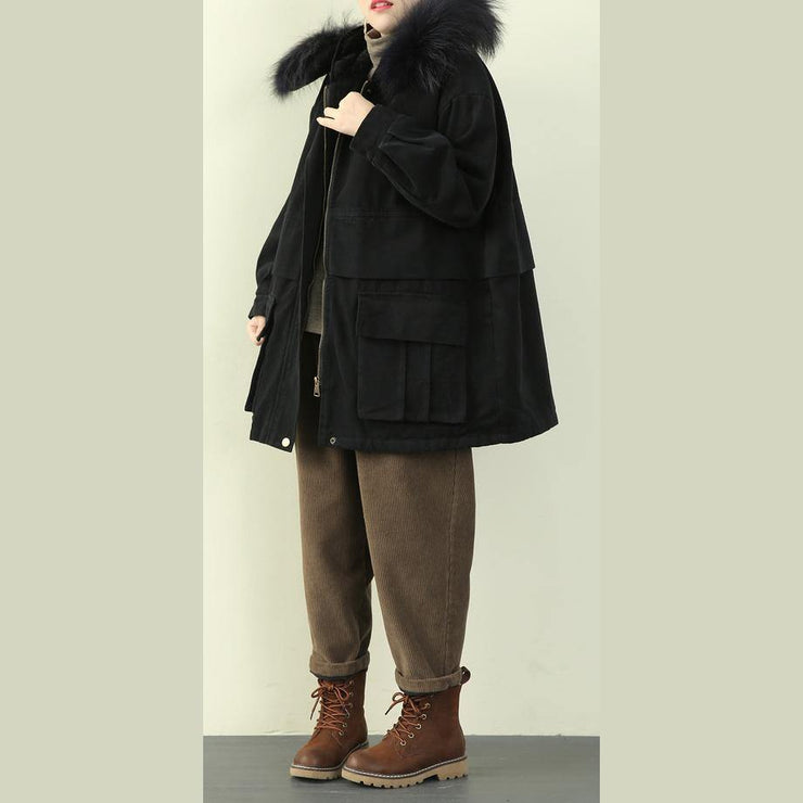 Luxury black winter coats plus size clothing hooded faux fur collar overcoat - SooLinen