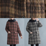 Luxury casual warm winter coat coats yellow plaid hooded pockets coat - SooLinen