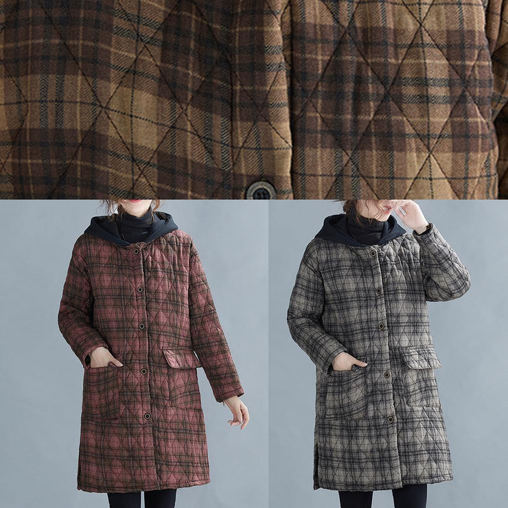 Luxury casual warm winter coat coats yellow plaid hooded pockets coat - SooLinen