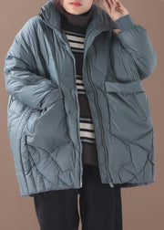 Luxury green duck down coat plus size clothing stand collar down jacket zippered Elegant overcoat - SooLinen